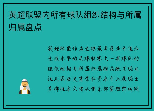 英超联盟内所有球队组织结构与所属归属盘点